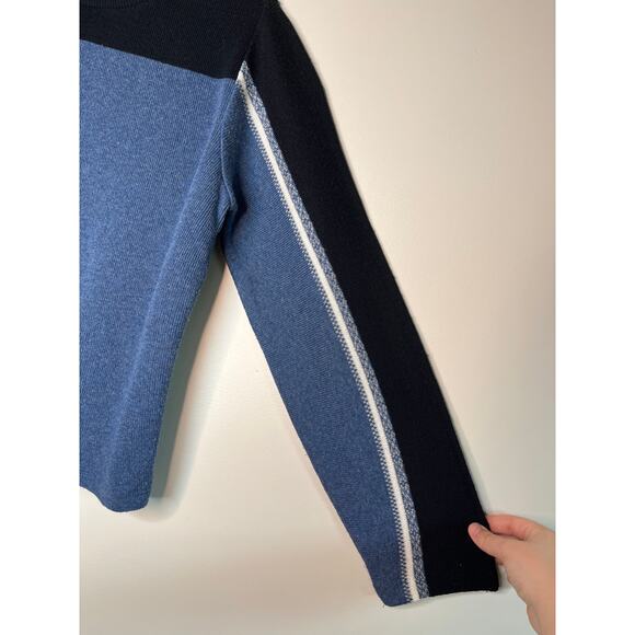 1980s JJ Browne Dusty Blue Navy Checker Striped Boxy Acrylic Mock Neck Sweater M - Picture 5 of 6